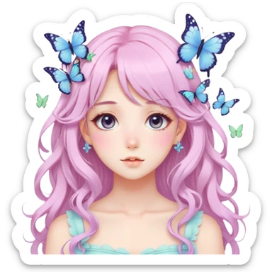 gorgeous anime pastel lady with butterflies and beautiful hair fairycore cottagecore sticker
