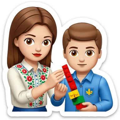 a Ukrainian girl with brown hair in an embroidered shirt and a Ukrainian boy in an embroidered shirt and Lego bricks sticker