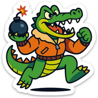 a crocodile dressed as a bomber, dynamic pose, cartoon style, vibrant colors, energetic, fun illustration sticker