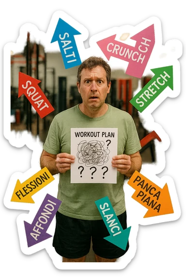 a person stands in the center of a gym, surrounded by arrows pointing in all directions, each labeled with a different exercise (e.g., “squat,” “Salti,” “stretch,” “Panca Piana”). The person looks bewildered, holding a workout plan with scribbles and question marks. The scene is colorful but visually messy, symbolizing confusion. in italiano immagine iperrealistica sticker