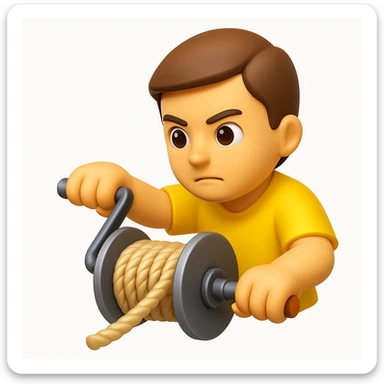A 3D emoji in iOS emoji aesthetic style of a person turning a side crank to wind a thick rope onto a metal spool, showing the winding motion clearly, focused expression, soft shadows, glossy Apple-style finish, clean white background. sticker