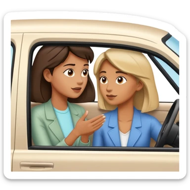 woman leaning talking to person in parked car with window down sticker