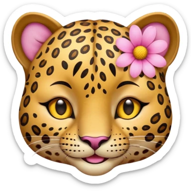 A cutE leopard face with EYES CLOSED and a peaceful smile. A pink flower with a yellow center is tucked behind its right ear sticker
