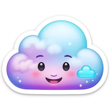 A tiny kawaii cloud emoji with a cheeky smile and wink, soft neon glow in purple/cyan, little sparkles floating, playful delulu vibe. sticker