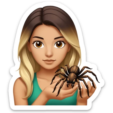 Attractive and athletic Mexican woman in her 20s with long dark brown hair with blonde highlights, with a tarantula sticker