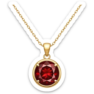 polished round red garnet pendant on a delicate gold chain, glowing with warmth and magic sticker