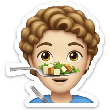 White girl with freackles Brown hair blue eyes eating Tofu salad with fork sticker