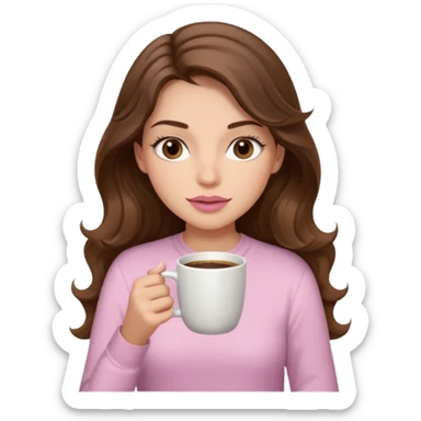 girl with wavy long brown hair, brown eyes, light to medium complexion, long lashes, light pink lipstick, wearing light pink shirt, sipping coffee sticker