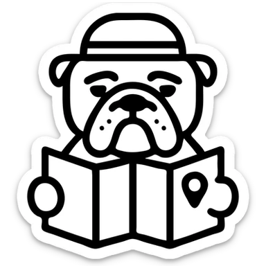 english bulldog as a tour guide, simple and clear icon style, wearing a hat and holding a map sticker