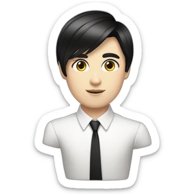 androgynous white boy bangs black straight hair white shirt black tie sticker