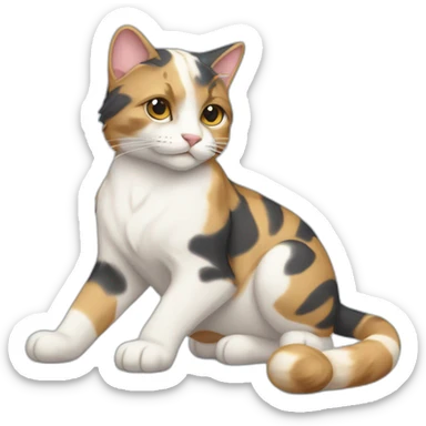 Purradise Meowscles is a buff anthropomorphic calico  cat  he has a mullet, a floral designed t shirt that is unbuttoned and blue and white stripped shorts sticker