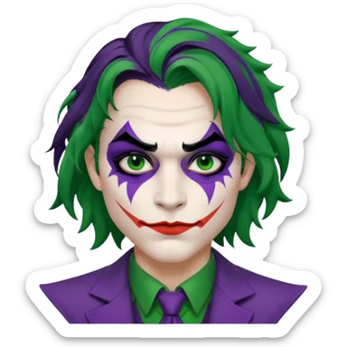Faça uma pessoa com cabelo preto pouco bagunçado e pouco grande com cara de coringa sticker