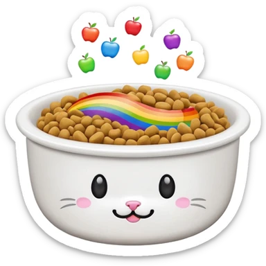 adorable cat food bowl overflowing with food, white kibble and colorful rainbow bits, apple emoji style sticker