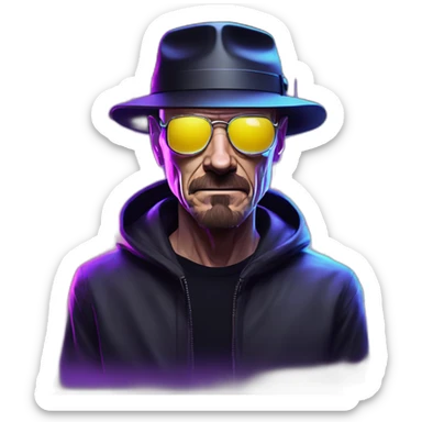 Walter White wearing a black hoodie with "OMG" letters on it and VR headset in a cyberpunk VR environment with violet neon lighting. sticker