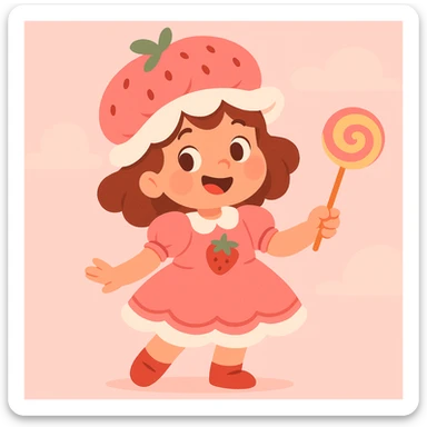 little girl in a strawberry shortcake dress, holding a candy wand, pastel background, pastel toon style sticker