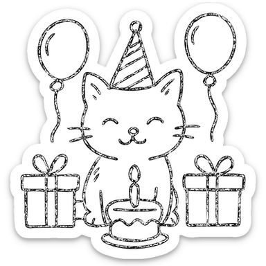 outlined icon of a kitten with a birthday hat, surrounded by balloons and presents, smiling, with a birthday cake sticker