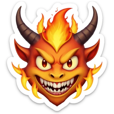 Create a dark-themed emoji of a demonic face with sharp, curved horns, glowing white eyes, an evil grin with large pointed fangs, and abstract flame-like patterns around the face. The background should be pure black. sticker