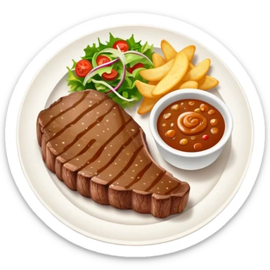 big juicy australian steak meal featuring chips, small salad in a ramikan and gravy in a small bowl on the plate sticker