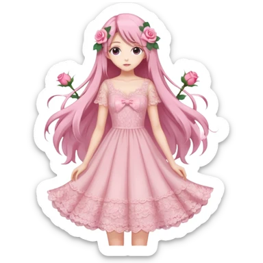 pastel anime woman with pink roses lace dress full body sticker