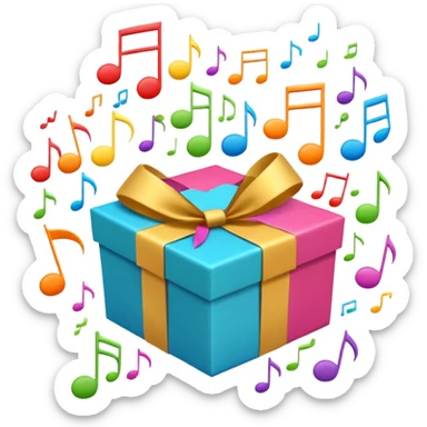 A wrapped gift box opening with colorful music notes flying out from the box sticker