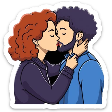 curly haired girl kissing a man with a beard, romantic couple kiss sticker