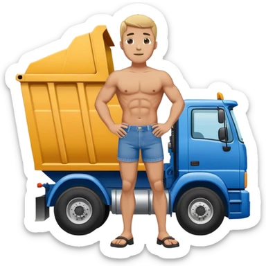 Man with blue Jean style speedo standing in front of a dump truck  sticker