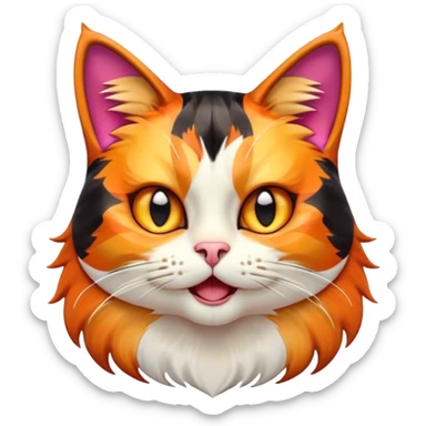 Cinematic Comical Calico Cat Portrait Emoji, Head tilted dramatically with an exaggeratedly surprised expression, showcasing a vibrant patchwork fur of orange, black, and white with wide, comically expressive eyes, simplified yet hilariously detailed, glowing with a sassy, golden radiance, high shine, exuding playful mischief and cheeky feline attitude, styled with a soft glowing outline, capturing the essence of a calico cat that looks ready to leap off the screen with mischievous flair! sticker
