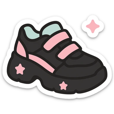 BLACKPINK-inspired gothic shoes, no hearts, black and pink, cute and stylish, kawaii style, chunky sneakers with star accents, pastel mint accents sticker