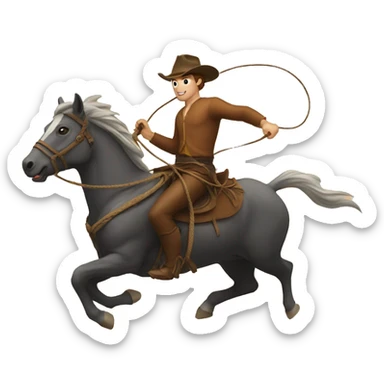 man with a lasso in his hand, riding a horse that is running behind an ox sticker