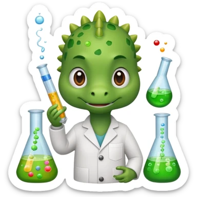 cute dinosaur holding a beaker and test tube, surrounded by chemistry and biology tools, emoji style sticker