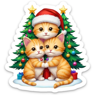 two cute hugging golden fluffy tabby kittens with Santa hats by a colorful multicolored brightly lit up Christmas tree sticker