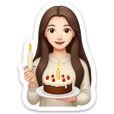 happy beautiful pale brunette girl with long hair holding a piece of cake with candle sticker
