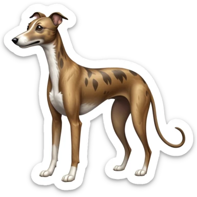 cinematic-[brindle greyhound]-realistic-full-body-sitting-emoji,-tail-resting-loosely-beside-its-paws,-head-tilted-dramatically, -sleek-[brindle]-fur,-simplified-yet-realistic-focused-features,-highly-detailed,-glowing-with-an-almost-sarcastic-glow sticker