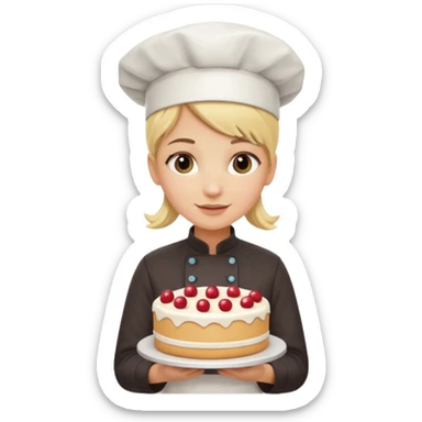 Blonde hair pastry chef holding cake sticker