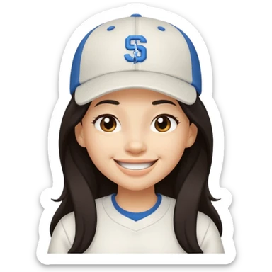 Digital illustration of a cartoon character with a big smile on its face and winking with one eye. The character has long dark hair and is wearing a white baseball cap and casual clothes. The overall style of the illustration is cute and playful. sticker