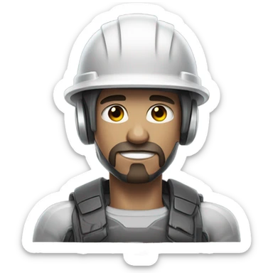 muscular cyborg face half human with short straight, dark hair, hardhat, and a neatly trimmed beard sticker