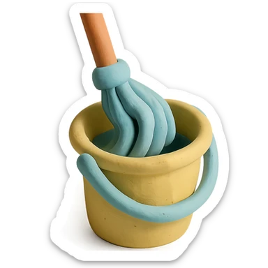 close-up of mop wringing out in a bucket, soft lighting, pastel colors, claymation style sticker