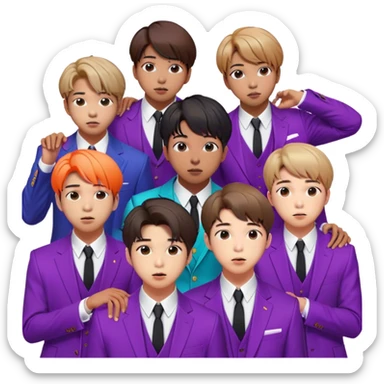 Cinematic Realistic group portrait of BTS featuring all 7 members in stylish modern attire, with detailed facial expressions and vibrant colors, captured in dynamic, contemporary lighting that emphasizes their global pop icon status sticker