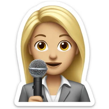 Blonde woman news reporter with microphone sticker