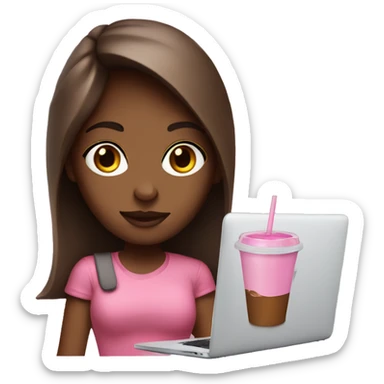 girl with borwn with a pink macbook and iced coffe sticker