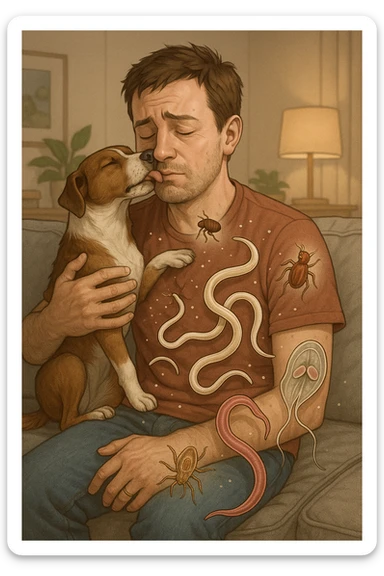 "Man cuddling with his beloved dog on couch, unaware that fleas, ticks, and worms are jumping from pet's fur onto his clothing, microscopic visualization showing roundworms, hookworms, and giardia transferring between species, expression of loving pet owner ignorant of health risks, living room becoming cross-contamination zone, pet's scratching and licking spreading parasites to human environment" in italiano sticker