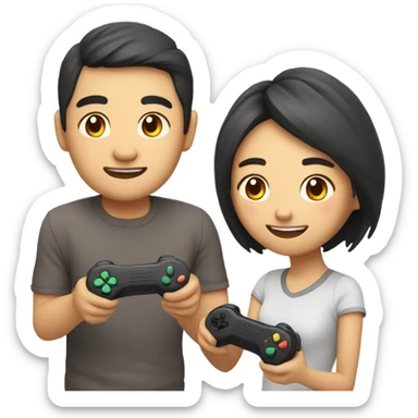 Cute Asian Couple sitting together and having fun playing video games sticker