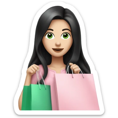 pretty white woman with very long black hair and green eyes and light pink outfit holding a ton of shopping bags sticker