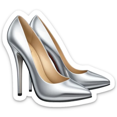 A pair of high heel shoes emoji made of polished silver chrome, elegant sharp silhouette, smooth metallic surface, glossy reflections, luxury sexy vibe, minimalistic iOS emoji style, centered, clean white background sticker