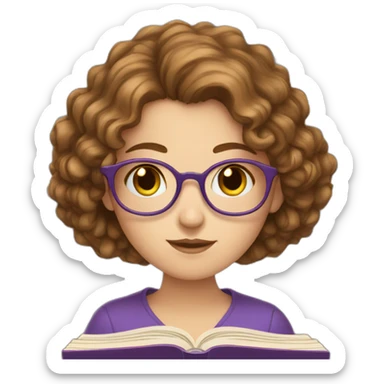 white girl with really short brown curly hair reading a purple book sticker