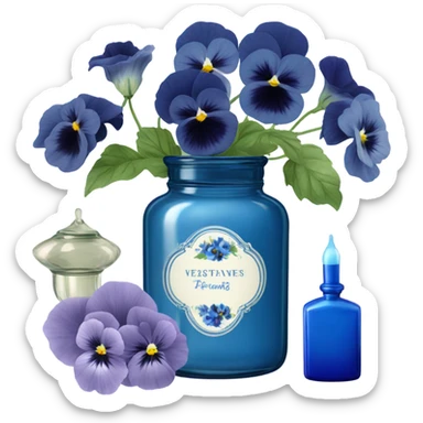 Decorative blue candle in a glass jar and in the back are navy blue pansies and a blue vintage-style perfume bottle  sticker