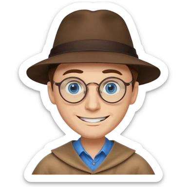 A man with sharp and thin face, brown round glasses, a brown hat and a brown costume with beige shirt (shoulders only), with blue eyes and a large smile on his face and menacing eyes. sticker