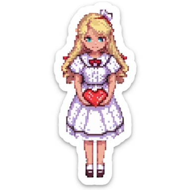 teacher with blond hair, wearing a dress, holding red hearts, white background sticker