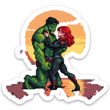 Hulk and Black Widow lullaby scene, Black Widow with red hair calming down the green Hulk, sun's getting real low gesture, Hulk transforming back sticker