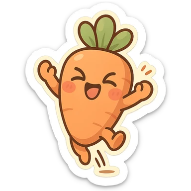 chibi sticker-style carrot, cute and exaggerated, jumping with excitement sticker